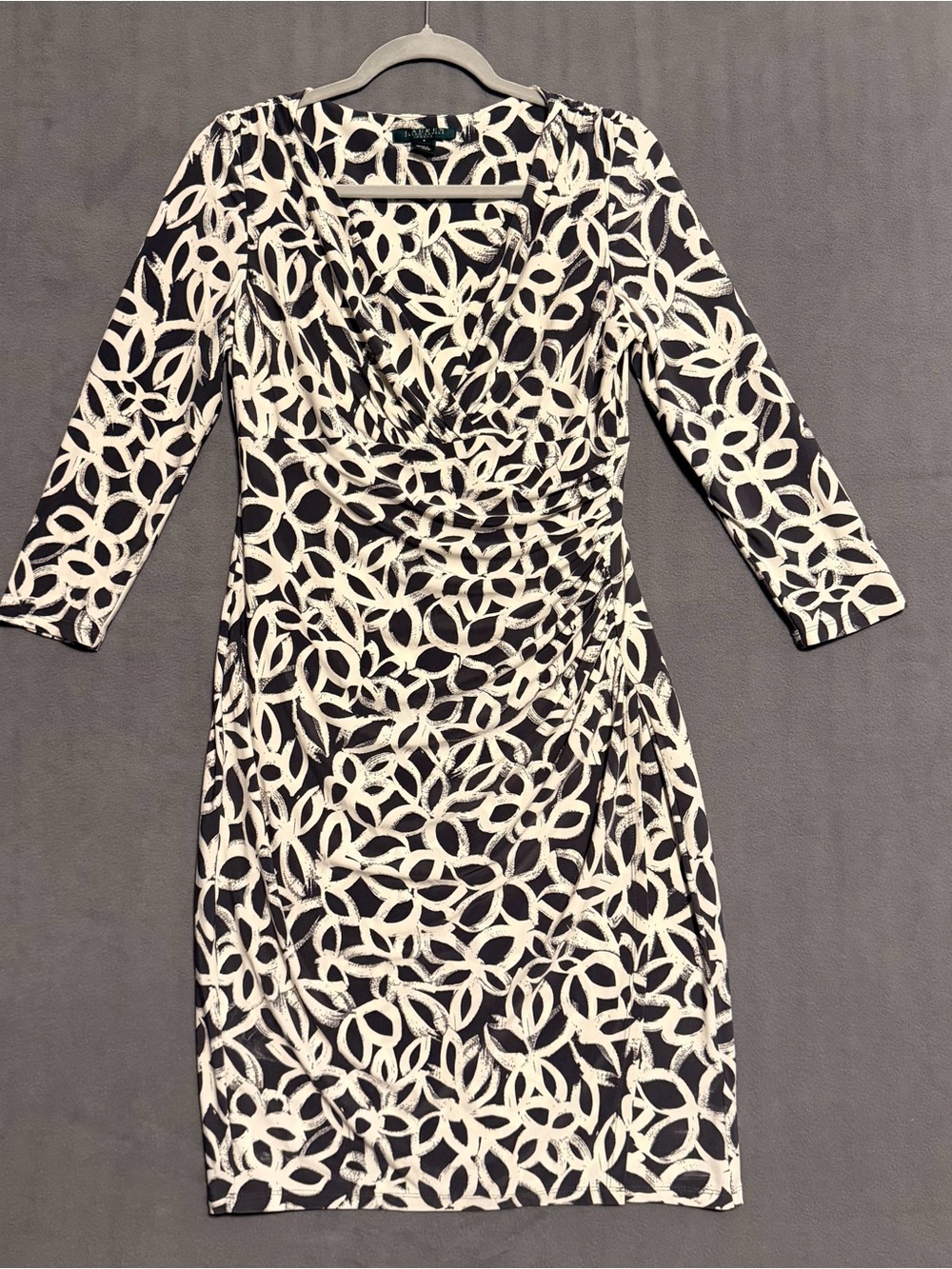 Lauren Ralph Lauren Black & White Abstract Print Faux Wrap sheath Dress Size 8